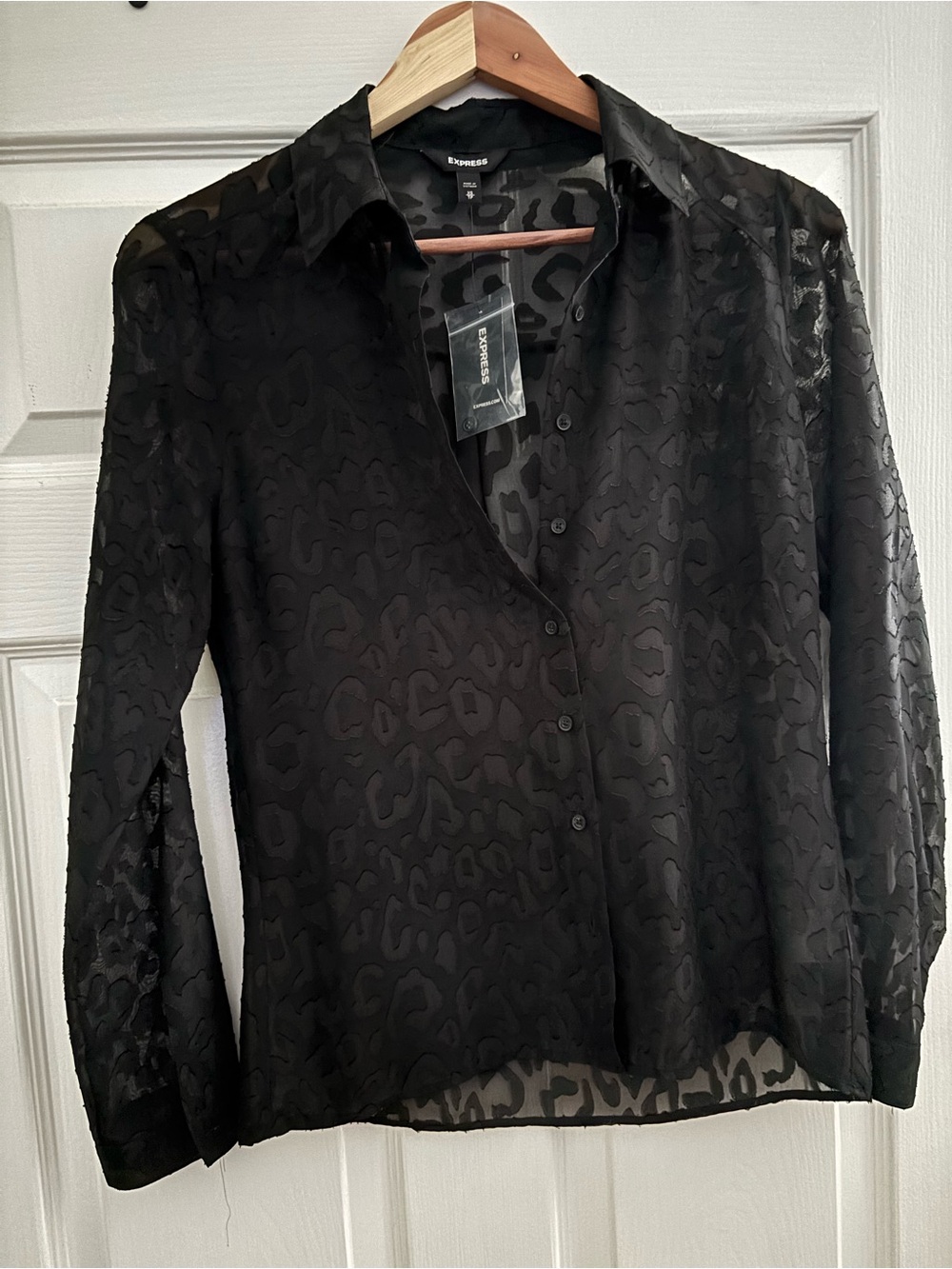 Express Women’s Black Sheer Leopard Jacquard Button-Up Shirt - NWT
